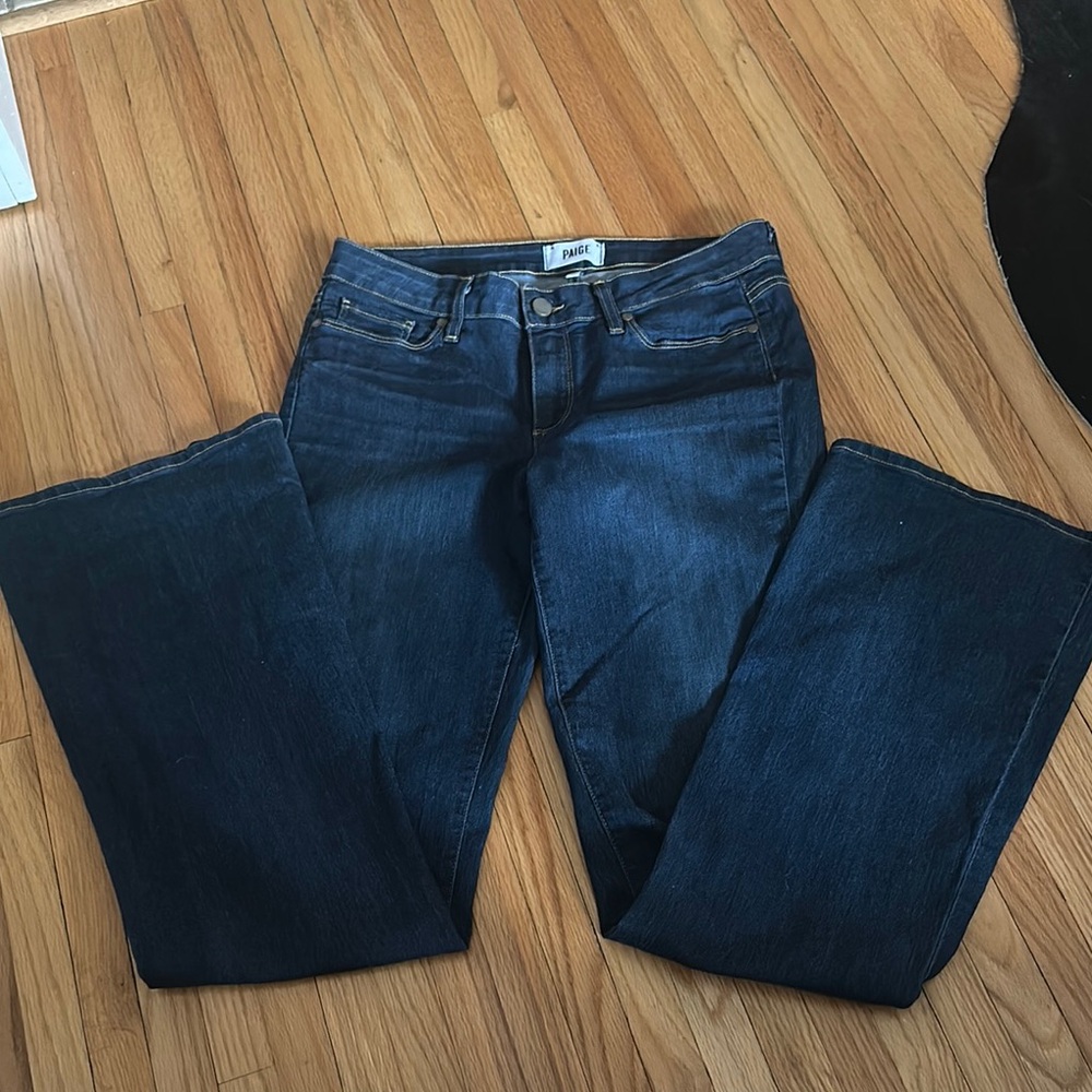 PAIGE Blue Boot Cut Jeans with Contrasting Stitching